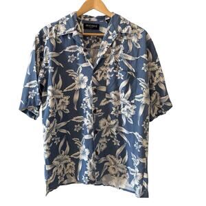Brandini Hawaiian Shirt Silk Slate Blue Hibiscus Print S